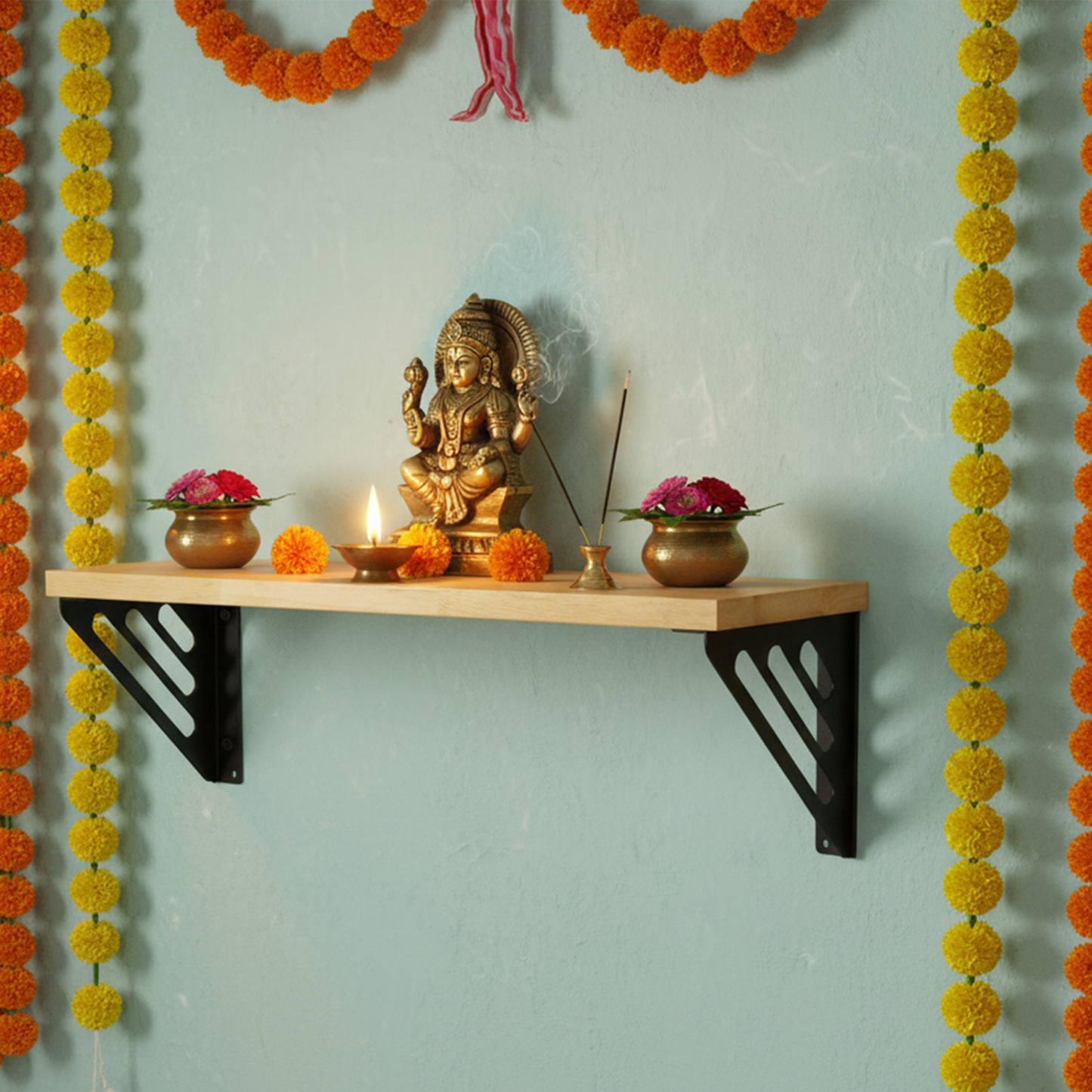 Wooden Pooja Shelf - Lines Brackets Black (Lakdi Puja Shelf Kala)