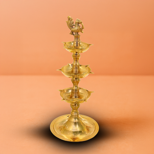 Brass Triple Step Peacock Diya (Pital Teen Sidhi Mor Deepak)