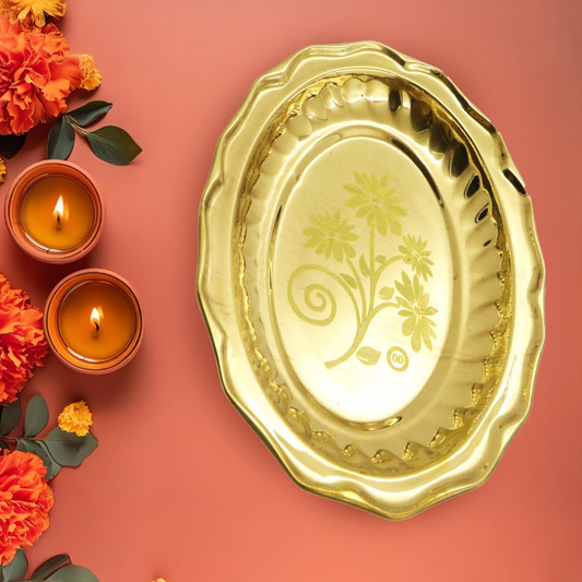 Brass Vijay Oval Tree Plate (Laser Thambalam Plate) (Pital Jeet Vriksh Thali)