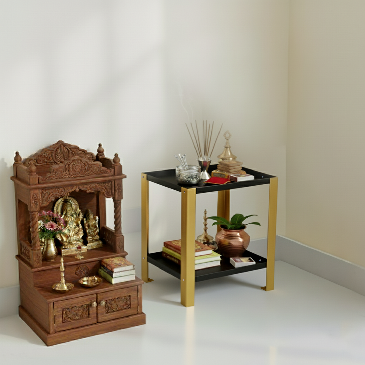 Djuize Pooja Shelf for Home Temple|Elegant Pooja Rack Design with Golden Stem& Black Shelves|Small Puja Shelf|Pooja Stand Design|Pooja Shelf in Living Room|Puja Room Shelves| Pooja Almirah Design-Metal 2 tier Rack shelf Gold stem with black