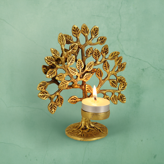 पीतल का 8 इंच कल्पवृक्ष वृक्ष मोमबत्ती होल्डर के साथ