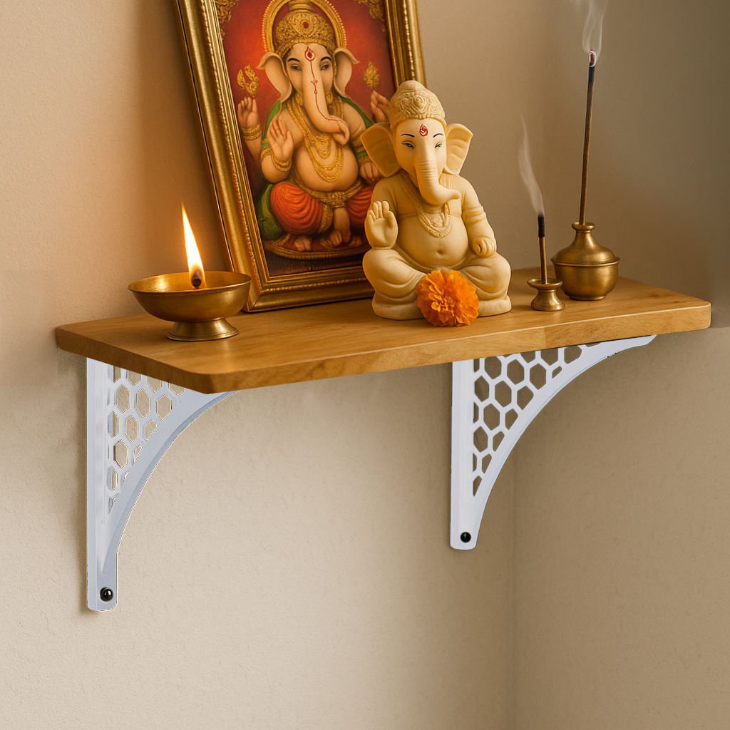 Wooden Pooja Shelf-Hexagon White (Lakdi Puja Shelf Safed)