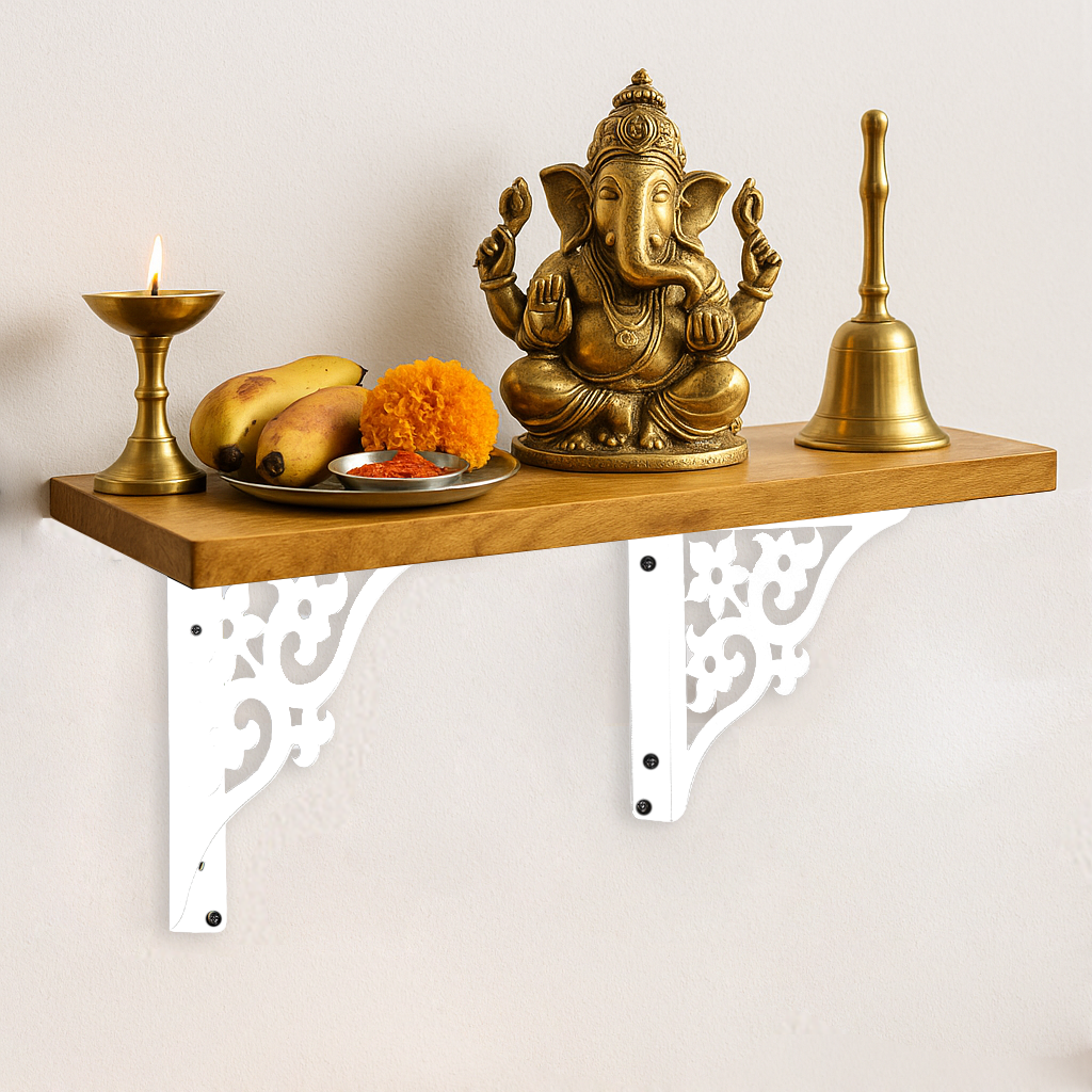 Wooden Pooja Shelf - Triple Floral (Lakdi Puja Shelf Teen Phool)