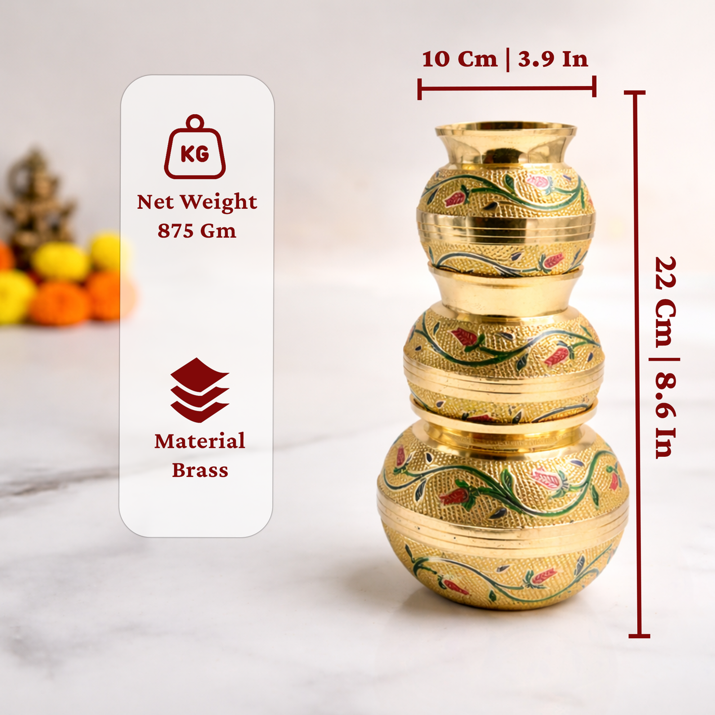 Putrika brass Kudam set of 3-Embossed Kalash (Green)