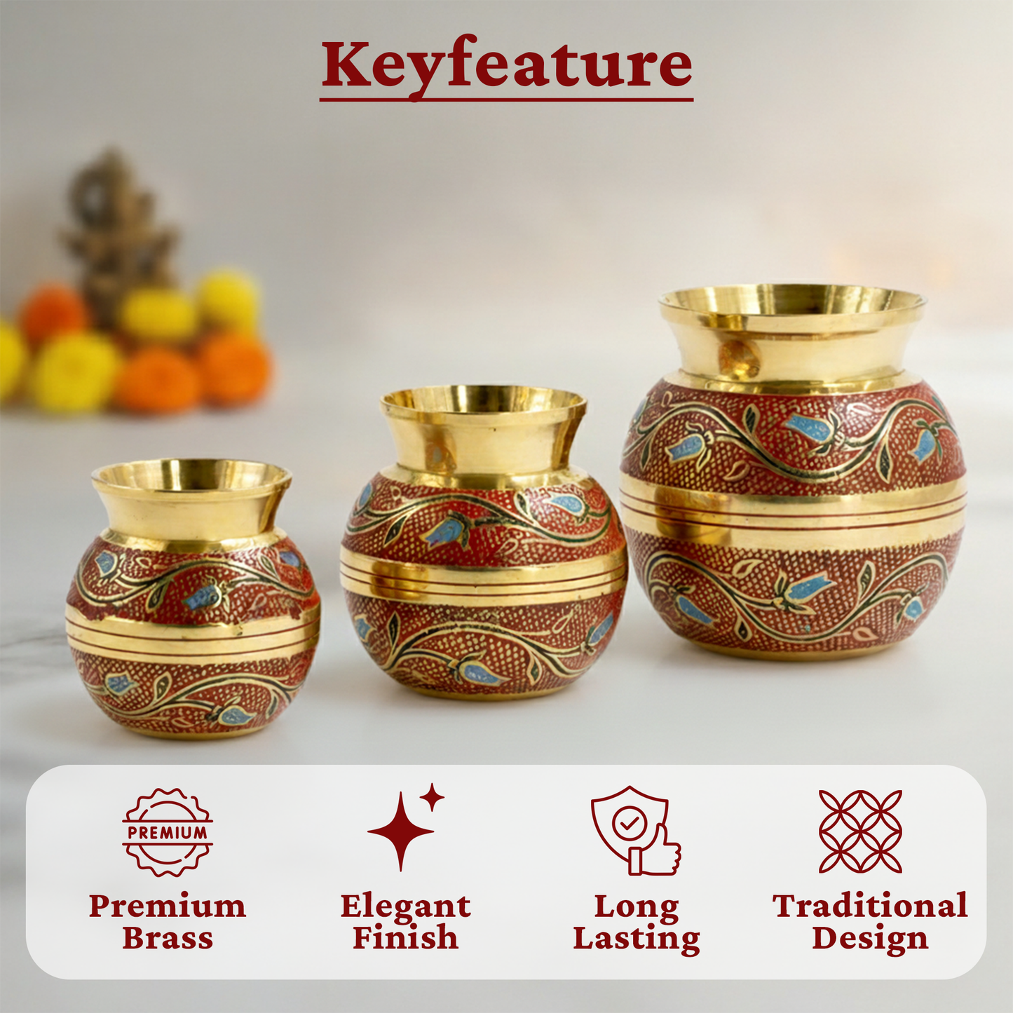 Putrika brass Kudam set of 3-Embossed Kalash (Red)