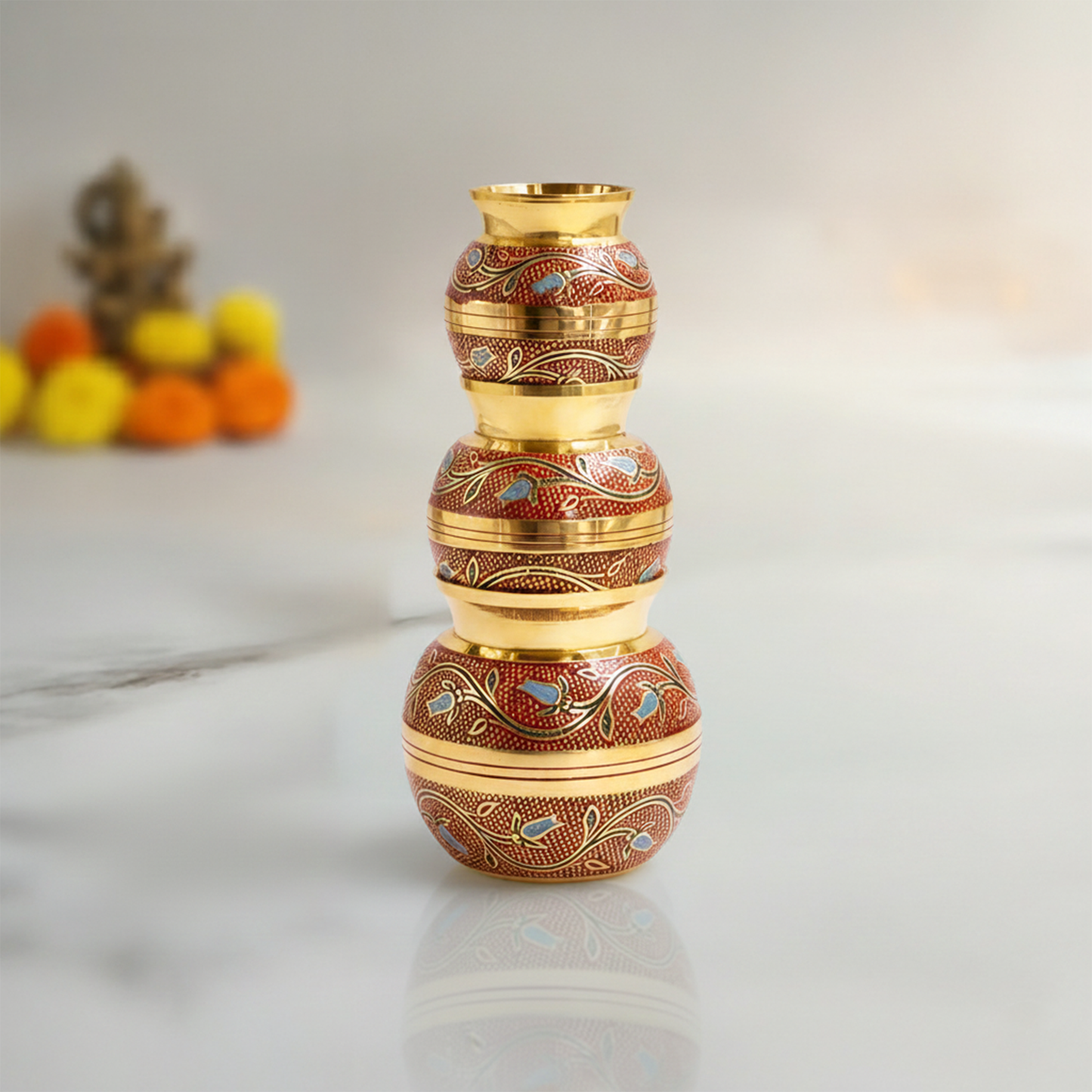 Putrika brass Kudam set of 3-Embossed Kalash (Red)