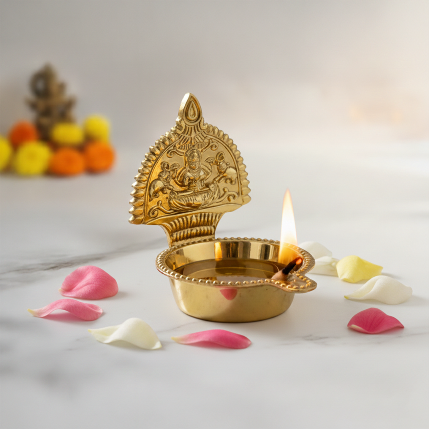Traditional Brass Kamakshi Deepam for Puja-Hindu Kamatchi Amman Vilakku-[Wt:77g