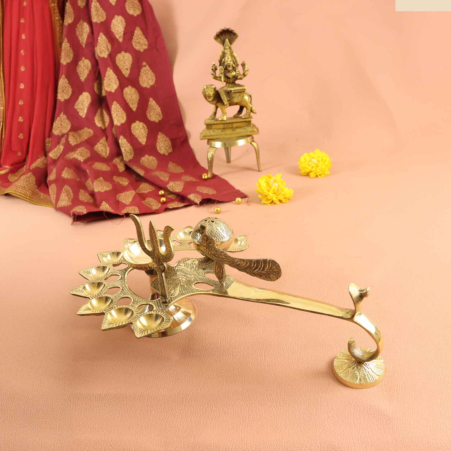 Brass Aarti Diya with Trishul - Eleven face Diya