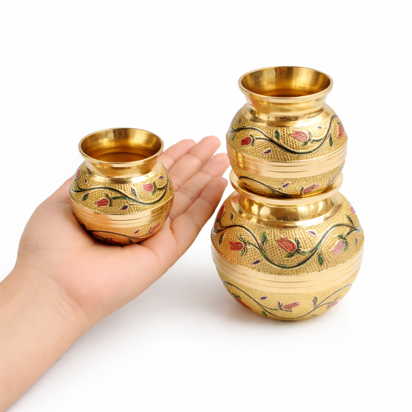 Putrika brass Kudam set of 3-Embossed Kalash (Green)