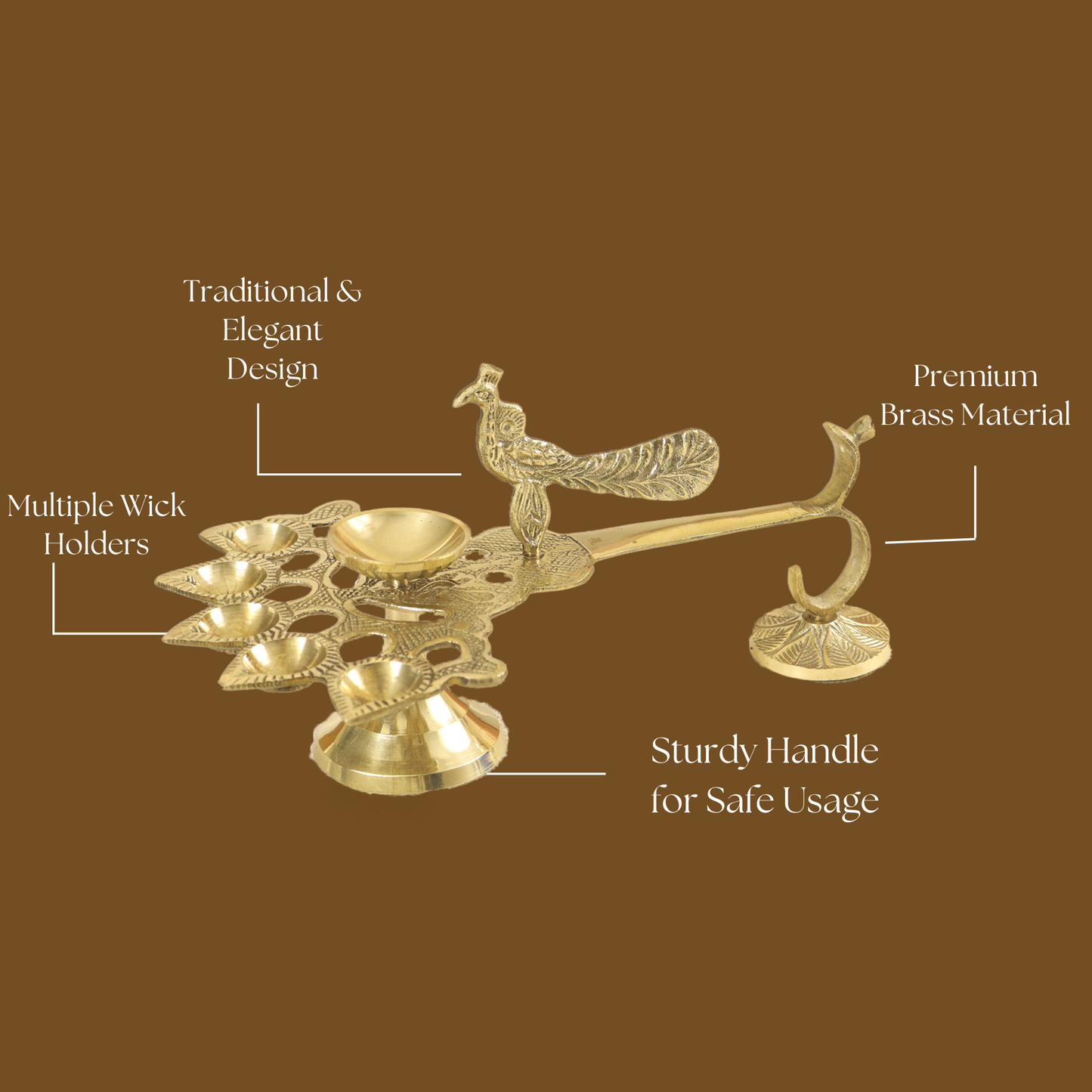 Brass Diya for Pooja-Peacock Five face Diya