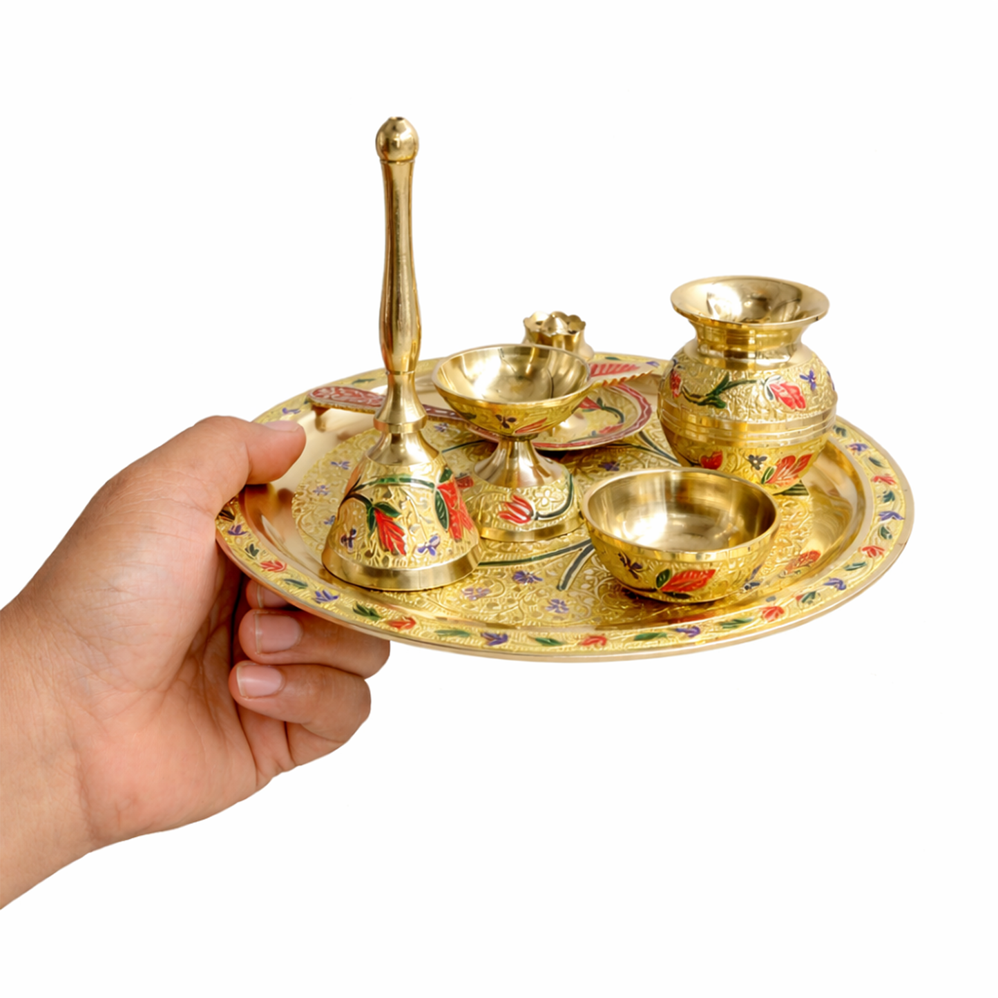 Brass Traditional Pooja Thali Set with Meenakari Design Engraved