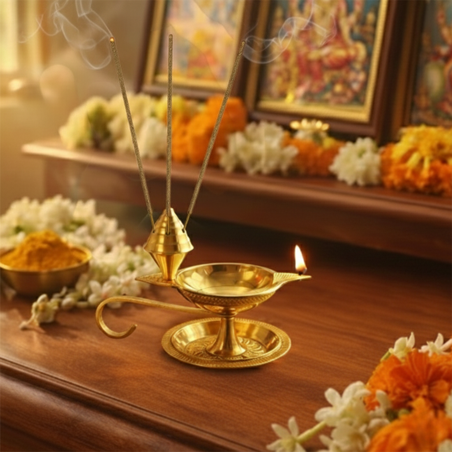 Brass Diya Deepak Deepam with Plate & Incense Holder-97g