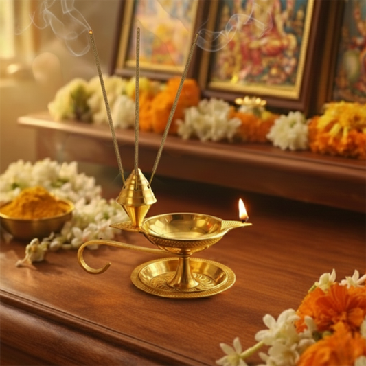 Brass Diya Deepak Deepam with Plate & Incense Holder-97g