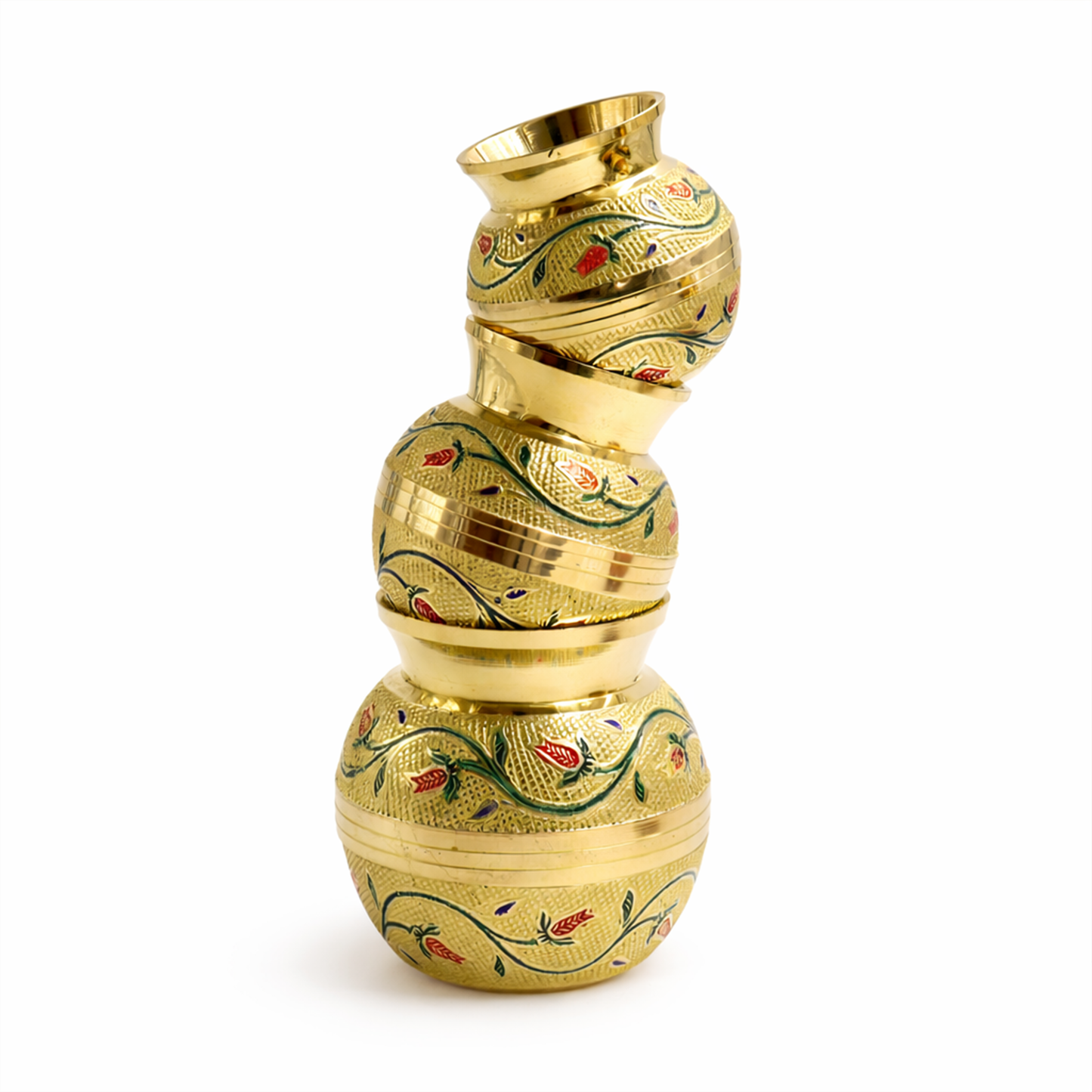Putrika brass Kudam set of 3-Embossed Kalash (Green)