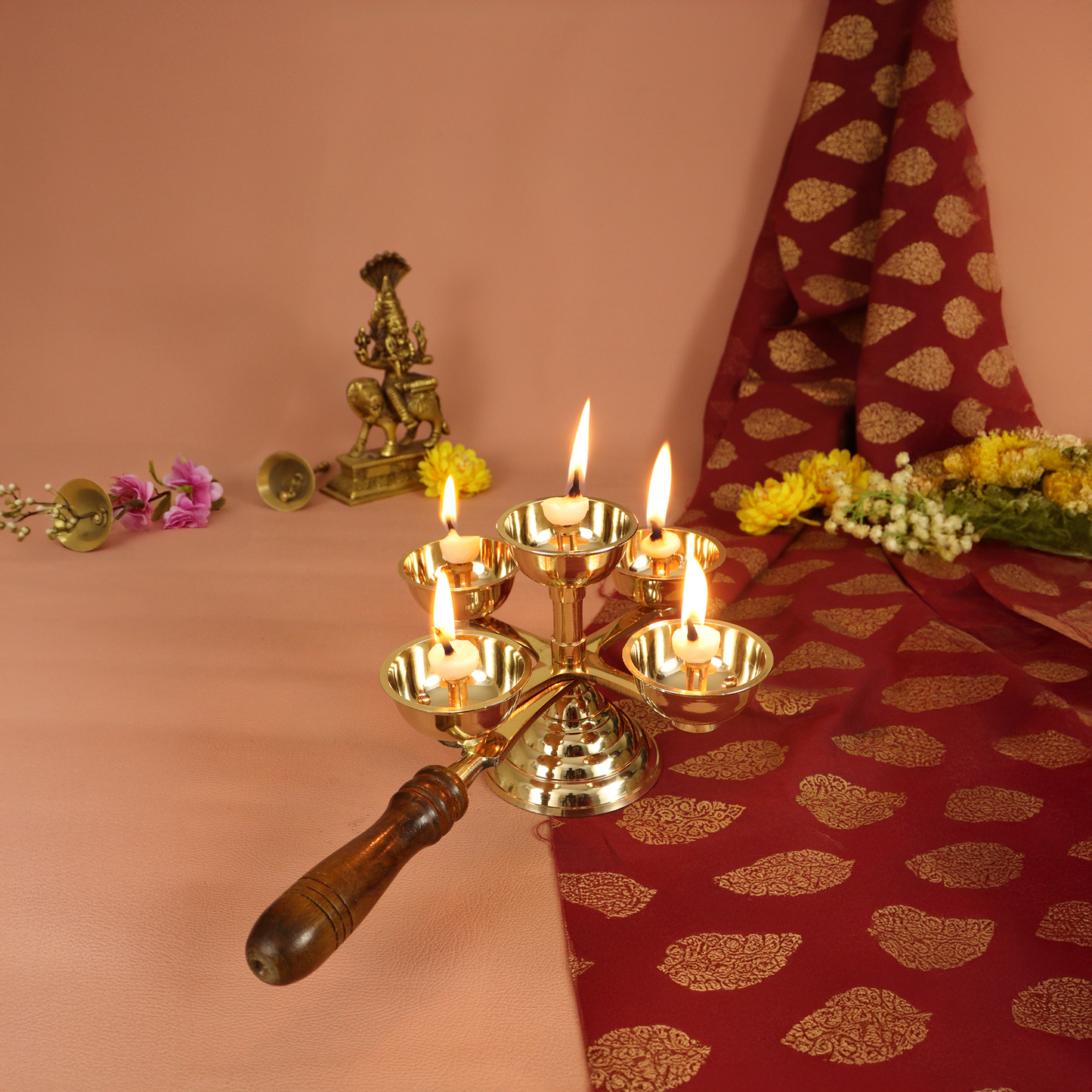 Brass Panchapyali Diya with Wooden Handle