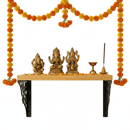 Wooden Pooja Shelf - Triple Floral (Lakdi Puja Shelf Teen Phool)