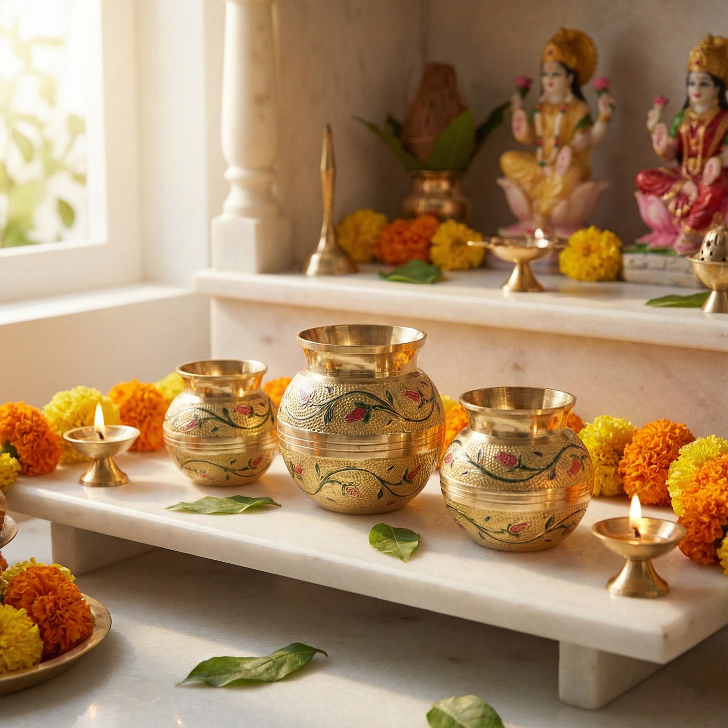 Putrika brass Kudam set of 3-Embossed Kalash (Green)