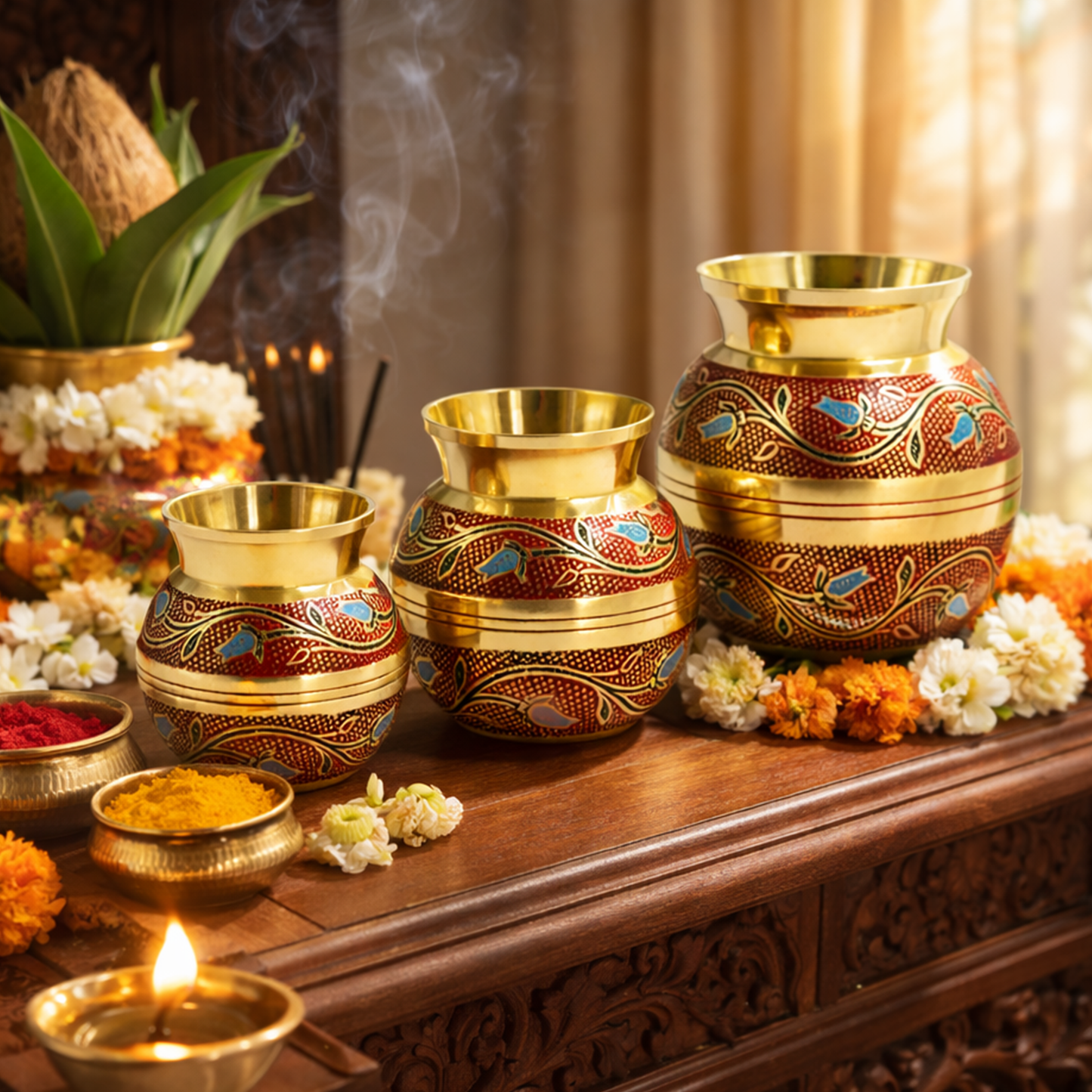 Putrika brass Kudam set of 3-Embossed Kalash (Red)