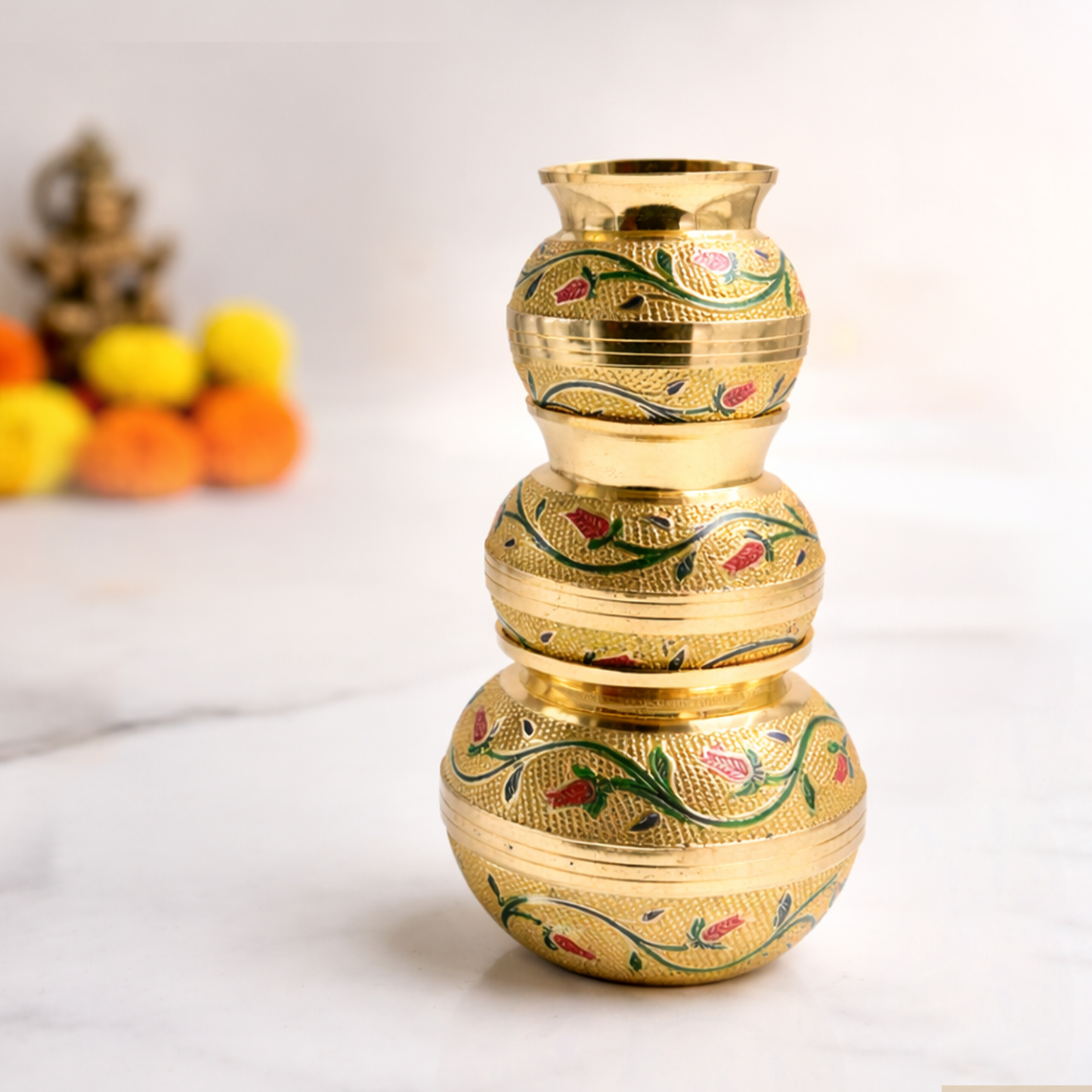 Putrika brass Kudam set of 3-Embossed Kalash (Green)