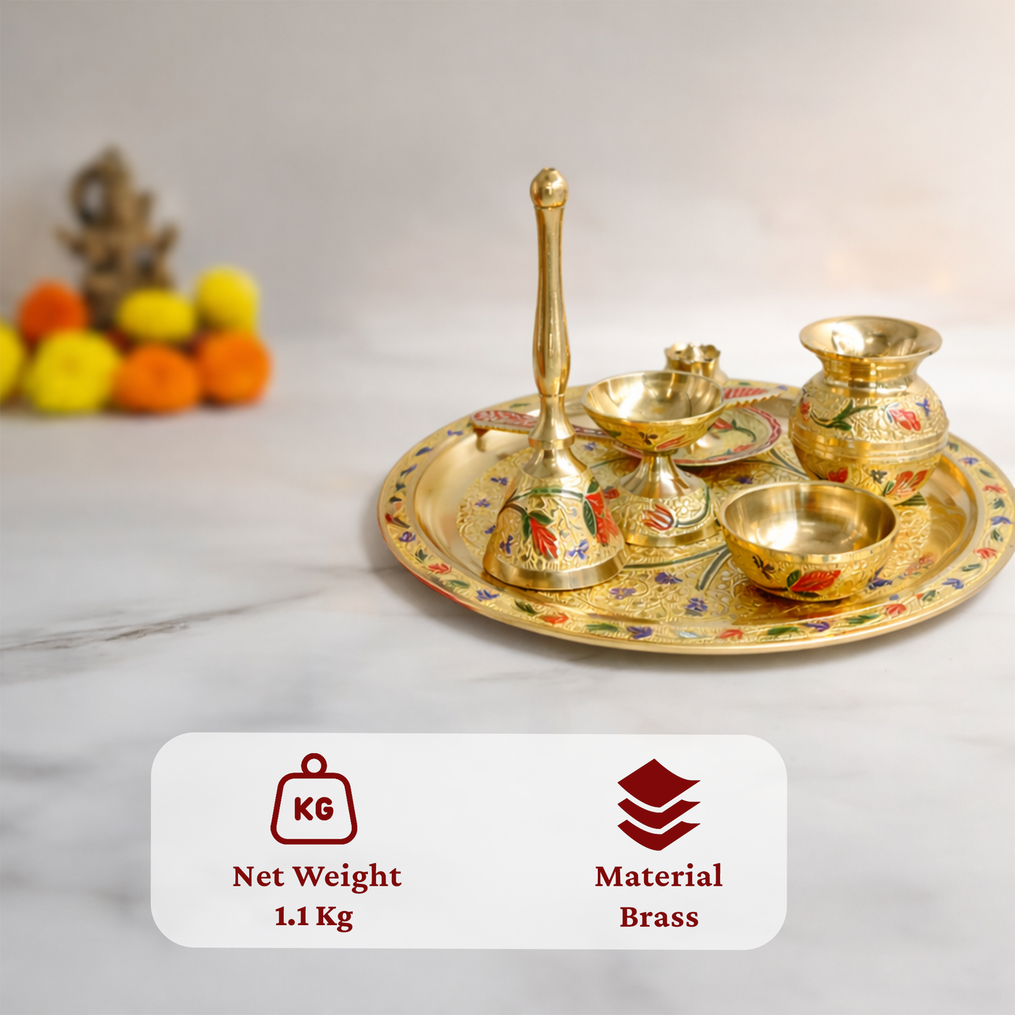 Brass Traditional Pooja Thali Set with Meenakari Design Engraved