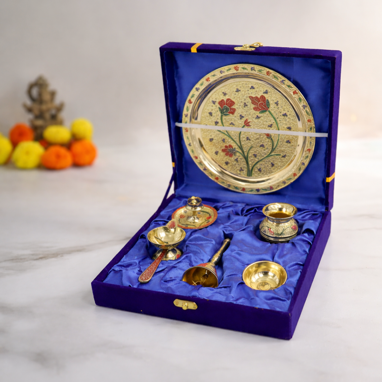 Brass Traditional Pooja Thali Set with Meenakari Design Engraved