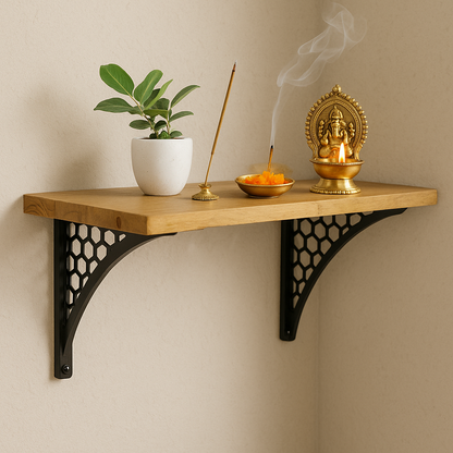 Wooden Pooja Shelf- Hexagon Black (Lakdi Puja Shelf Kala)