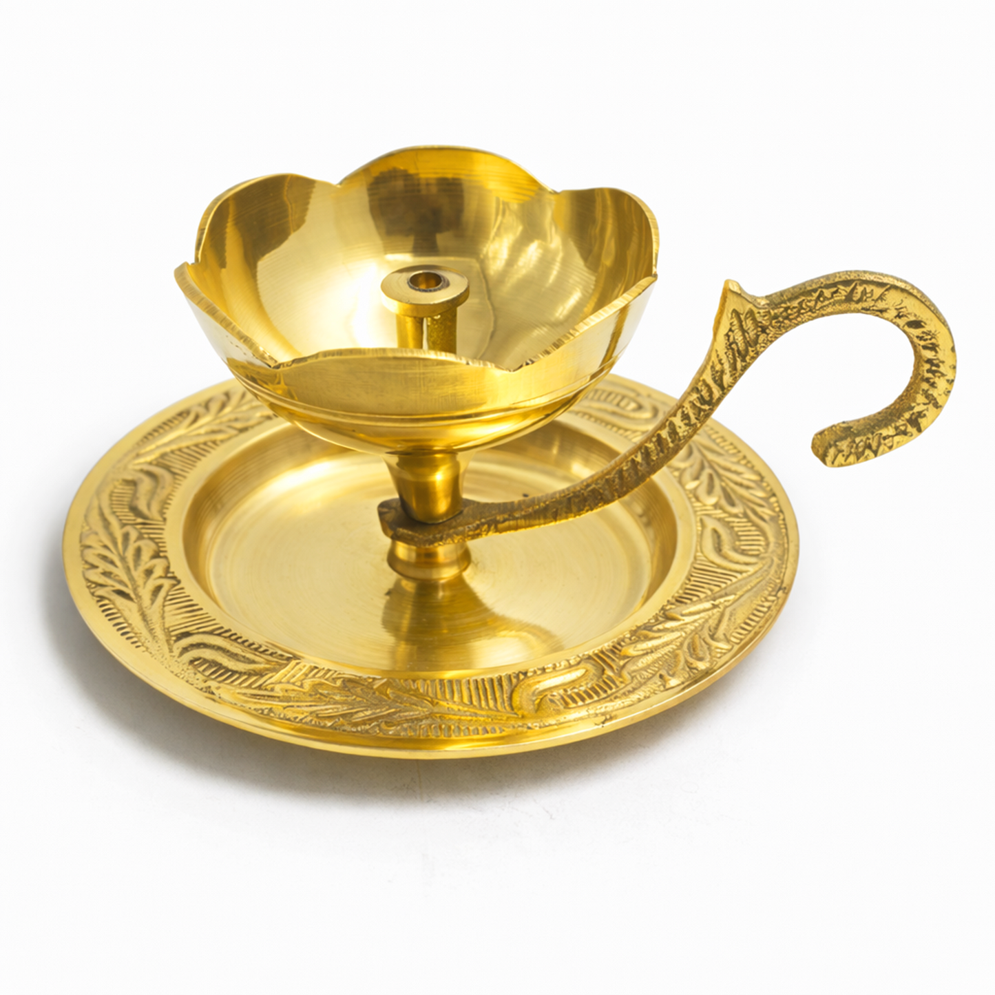 Brass Diya Deepam with Plate & Handle-[Wt: 130g]