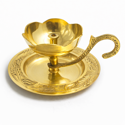 Brass Diya Deepam with Plate & Handle-[Wt: 130g]