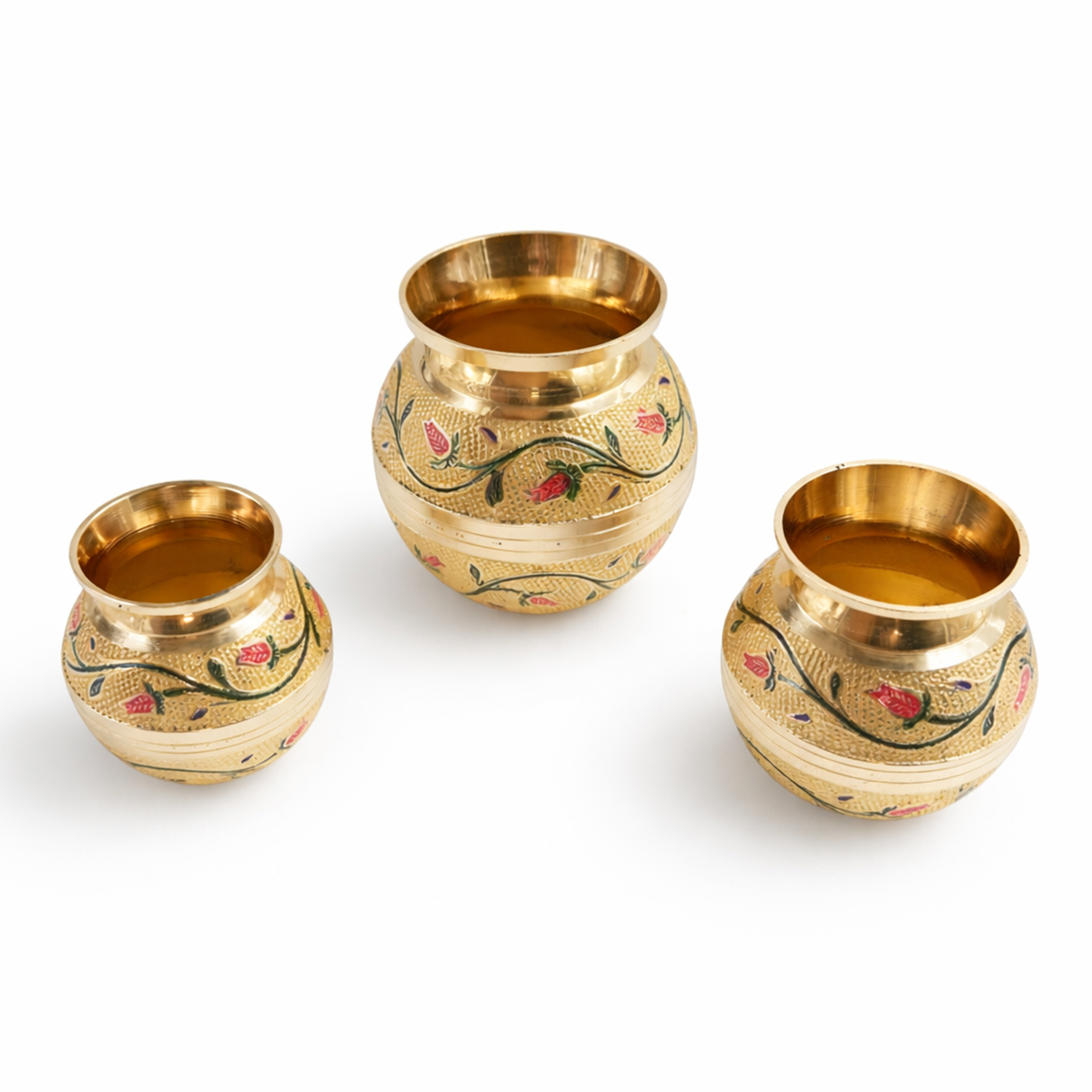 Putrika brass Kudam set of 3-Embossed Kalash (Green)
