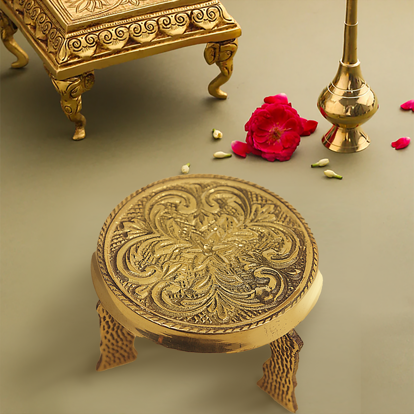Brass mini chowki/ mukali with floral design