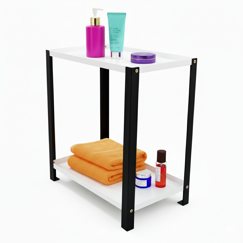 Djuize Pooja Shelf for Home Temple|Elegant Pooja Rack Design with Black Stem & white Shelves|Small Puja Shelf|Pooja Stand Design|Pooja Shelf in Living Room|Puja Room Shelves| Pooja Almirah Design-Metal 2 tier Rack shelf Black stem with white tray