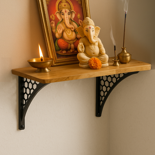 Wooden Pooja Shelf- Hexagon Black (Lakdi Puja Shelf Kala)