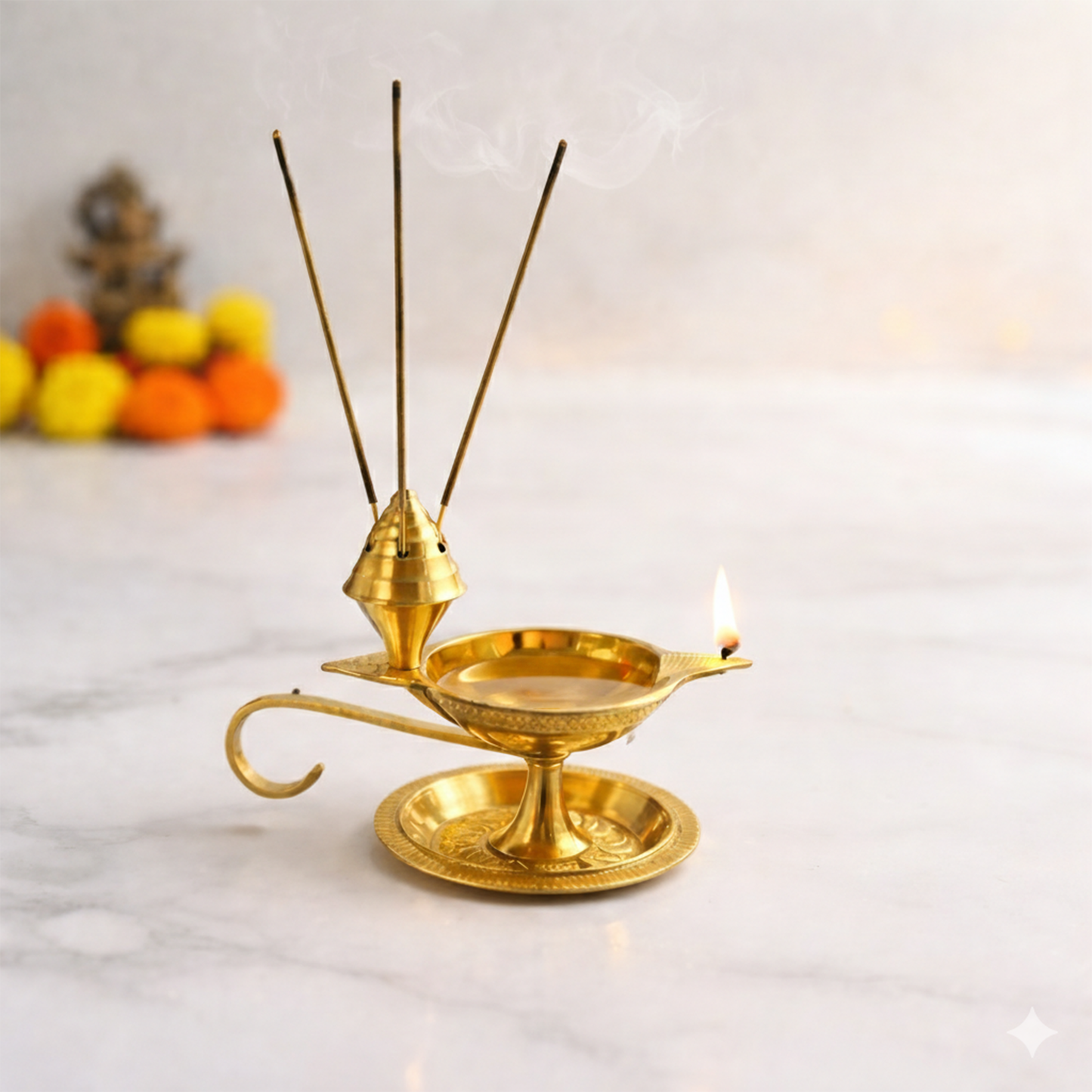 Brass Diya Deepak Deepam with Plate & Incense Holder-97g