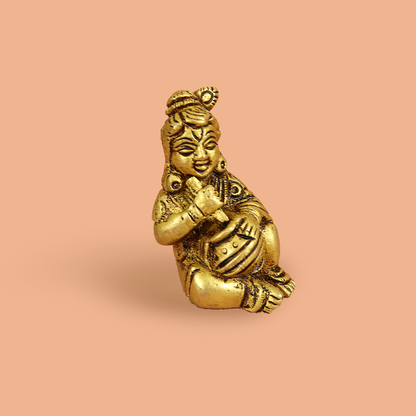Brass Baby Krishna Statue Holding a Makhan Pot