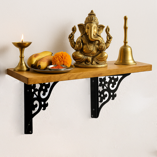 Wooden Pooja Shelf - Triple Floral (Lakdi Puja Shelf Teen Phool)