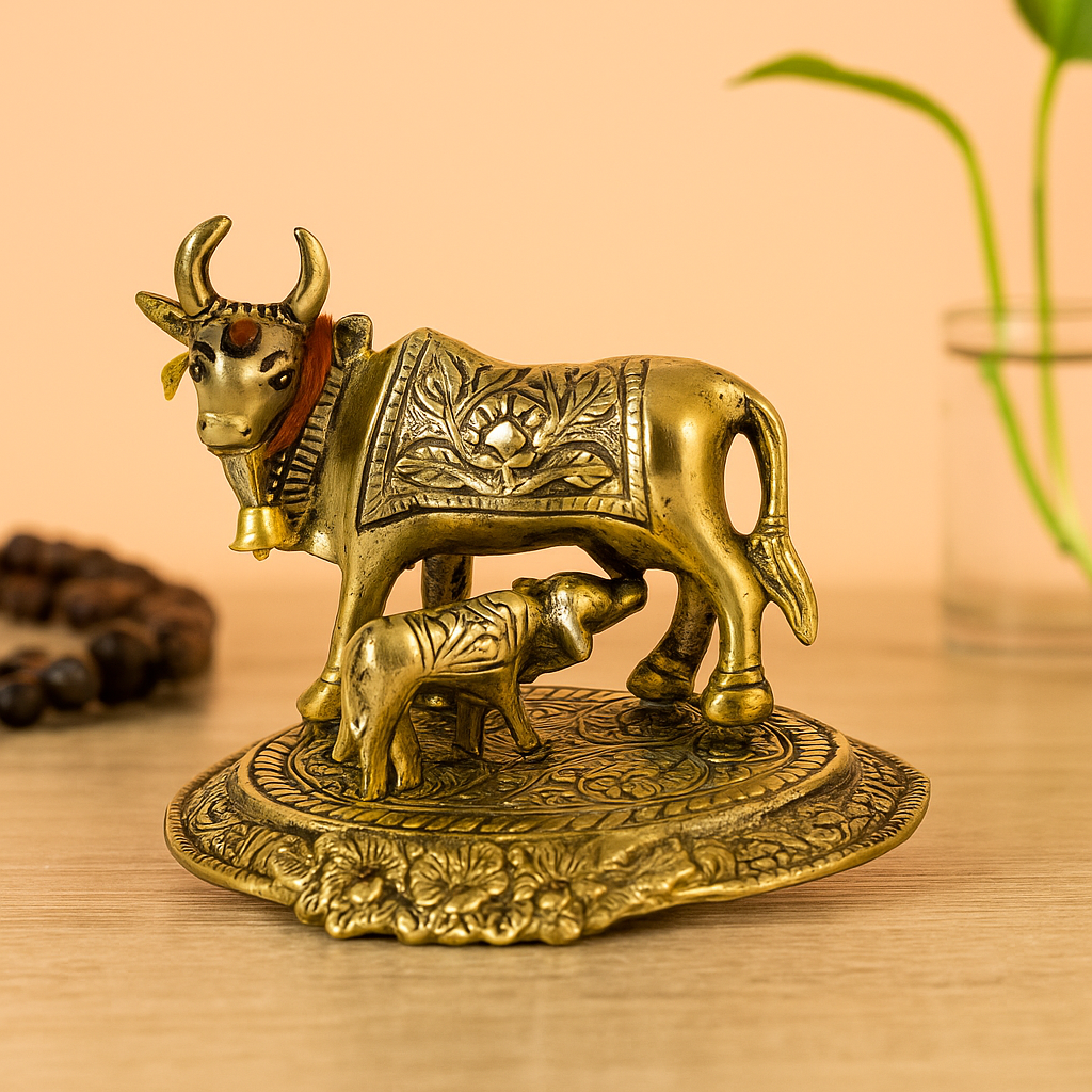 Oxidised Gold Finished Kamadhenu Cow with Calf (Pital Gau Mata / Wish Fulfilling Cow)