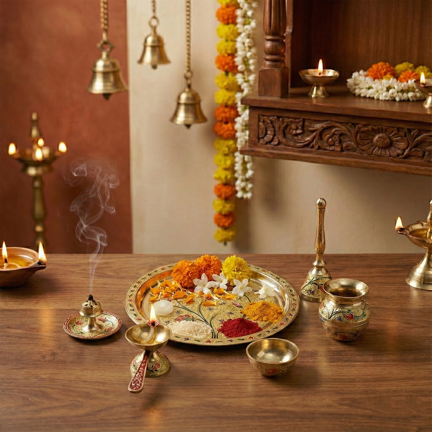 Brass Traditional Pooja Thali Set with Meenakari Design Engraved