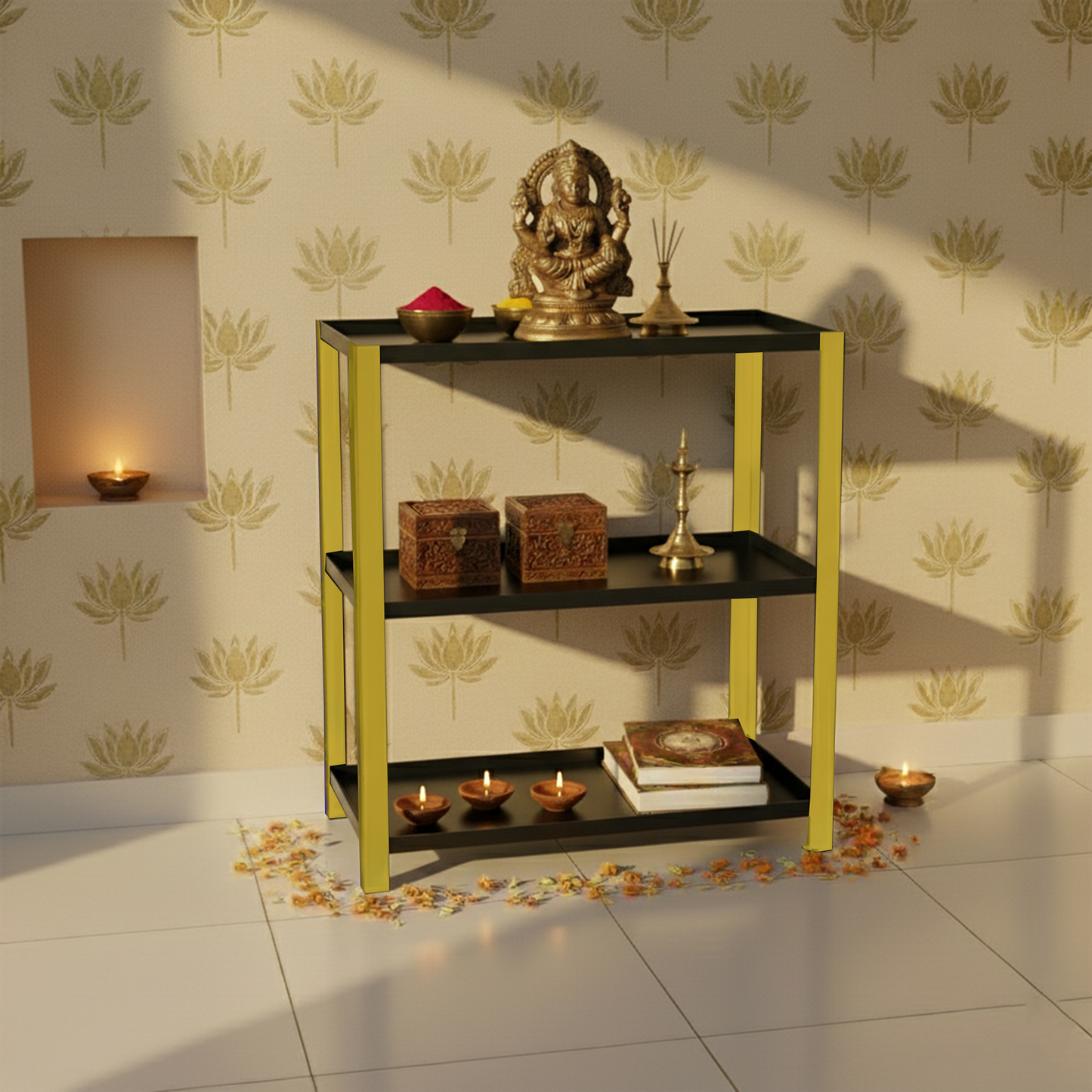 Pooja Shelf for Home Temple-Metal 3 tier Rack