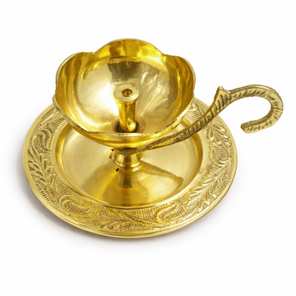 Brass Diya Deepam with Plate & Handle-[Wt: 130g]