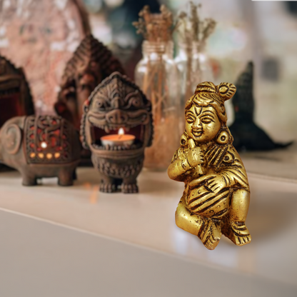 Brass Baby Krishna Statue Holding a Makhan Pot