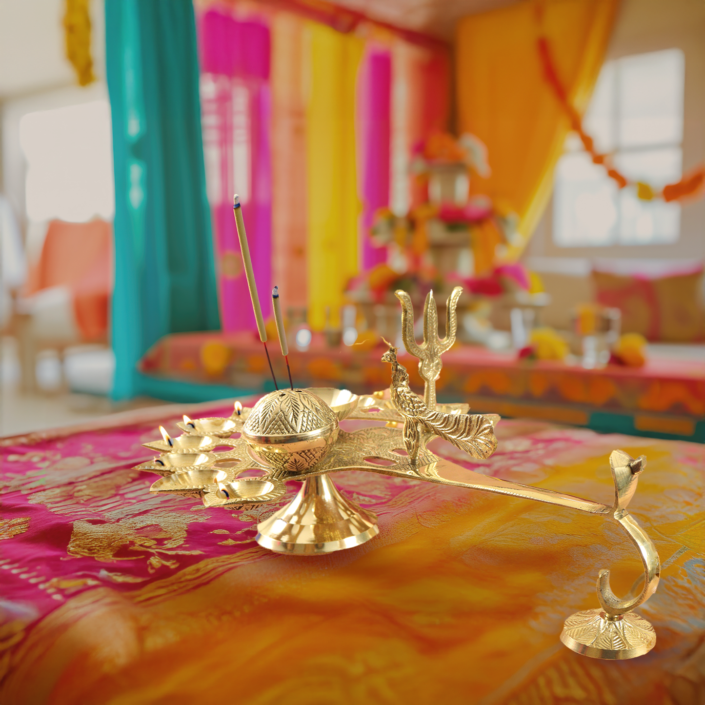 Brass Aarti Diya with Trishul - Eleven face Diya