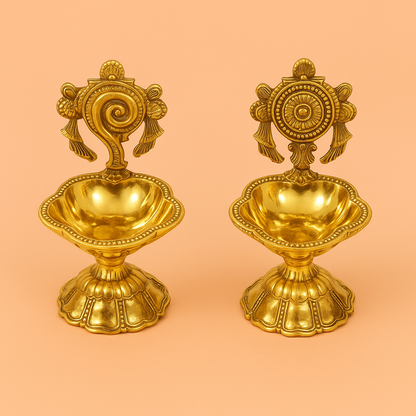 Brass Shanku Chakra Star Diya Set (Pital Conch Chakra Nakshatra Set)