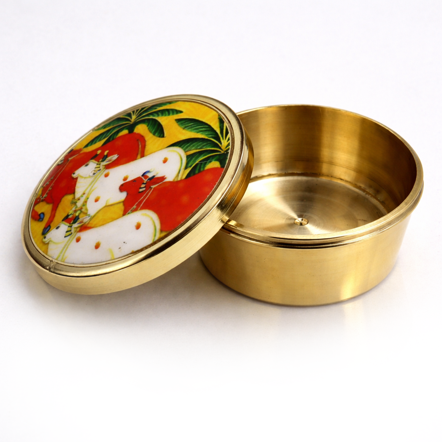 Brass Box Pooja-Gomatha Design Lid (36g, 4.7x2 cm) (Large 36g)
