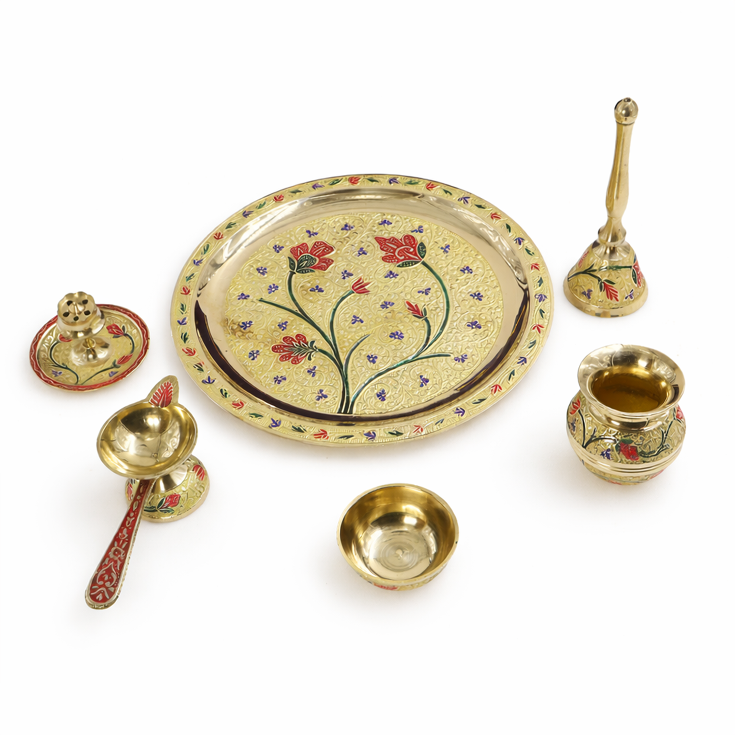 Brass Traditional Pooja Thali Set with Meenakari Design Engraved