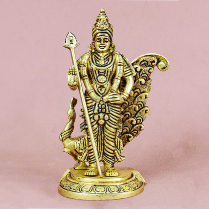 Brass Statue Murugar Peacock with Vel (1.222g) (Pital Kartikeya Mor Murti)