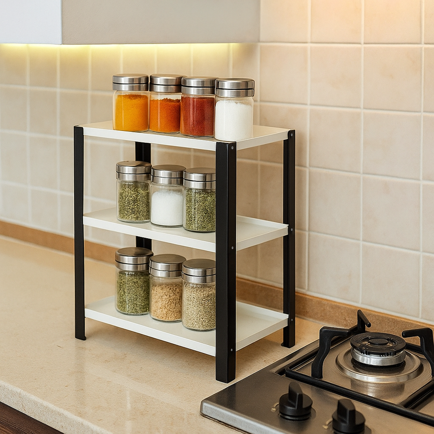 Djuize Pooja Shelf for Home Temple|Elegant Pooja Rack Design with Black Stem& White Shelves|Small Puja Shelf|Pooja Stand Design|Pooja Shelf in Living Room|Puja Room Shelves| Pooja Almirah Design-Metal 3 tier Rack shelf Black stem with white tray