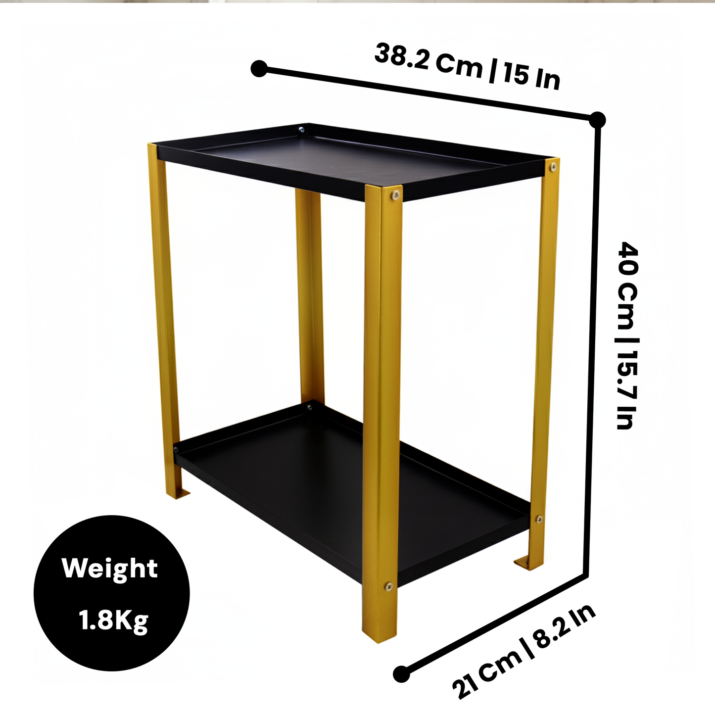 Djuize Pooja Shelf for Home Temple|Elegant Pooja Rack Design with Golden Stem& Black Shelves|Small Puja Shelf|Pooja Stand Design|Pooja Shelf in Living Room|Puja Room Shelves| Pooja Almirah Design-Metal 2 tier Rack shelf Gold stem with black