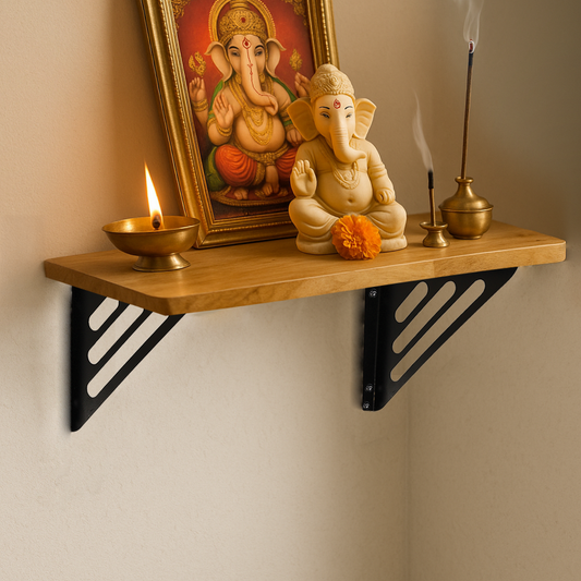 Wooden Pooja Shelf - Lines Brackets Black (Lakdi Puja Shelf Kala)