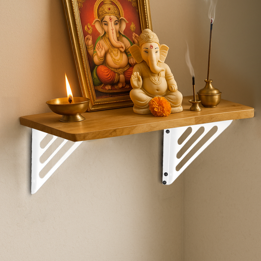 Wooden Pooja Shelf-Lines Brackets White (Lakdi Puja Shelf Safed)