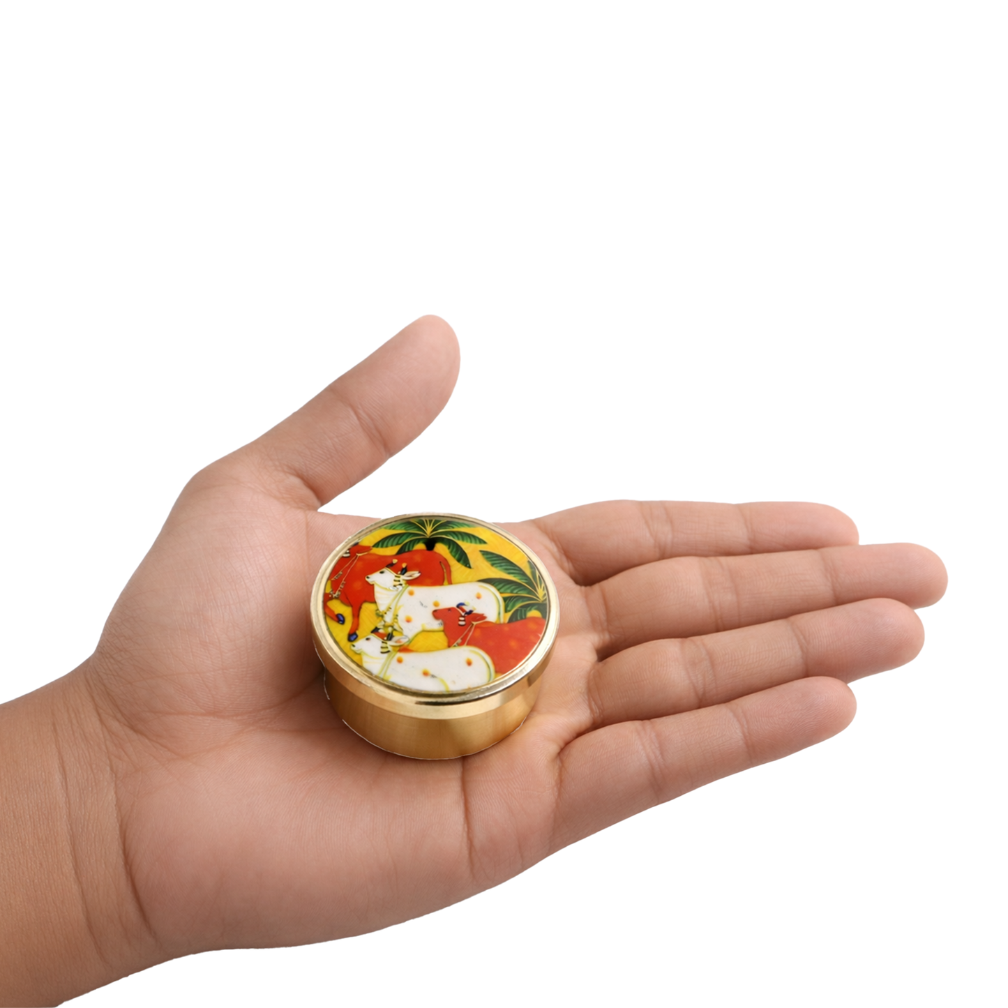 Brass Box Pooja-Gomatha Design Lid (36g, 4.7x2 cm) (Large 36g)